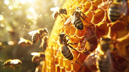 Bees gathering honey on honeycomb. Suitable for nature and agriculture concepts - obrazy, fototapety, plakaty