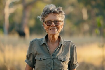 An exuberant elderly woman enjoys the outdoor setting sun with a cheerful expression