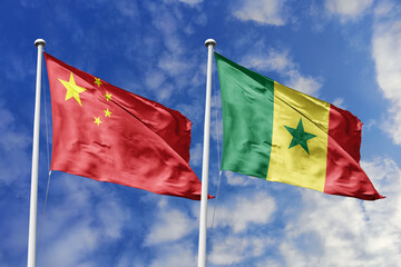 3d illustration. China and Senegal Flag waving in sky. High detailed waving flag. 3D render. Waving...