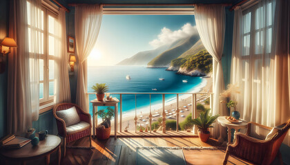 Seaside Serenity: A Tranquil Coastal View from a Window - Perfect for Seaside Resorts and Vacation Spots