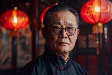 Fototapeta premium A mature man is depicted with a thoughtful look in traditional Chinese attire with lanterns in the background