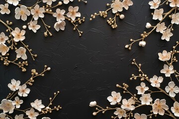 Japanese style background with golden flowers on black paper