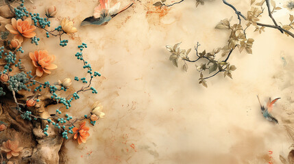 A painting of a tree with flowers and leaves