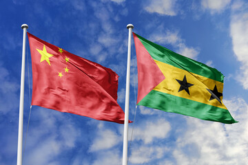 3d illustration. China and São Tomé and Príncipe Flag waving in sky. High detailed waving flag....