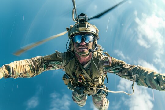 An exhilarating image capturing the adrenaline-pumping action of a skydiver plummeting through the sky