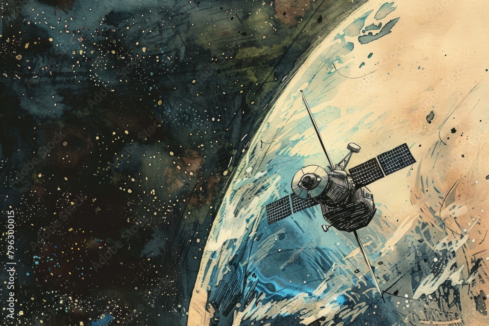 Poster a painting of a space station with a distant planet, suitable for sci-fi themes