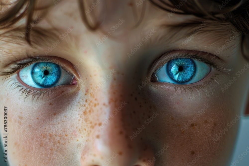 Poster Close up of a child's eyes with freckles, suitable for various projects
