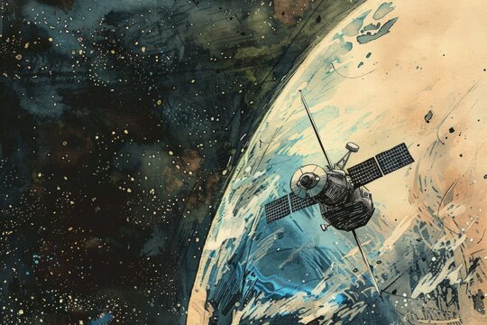 A painting of a space station with a distant planet, suitable for sci-fi themes