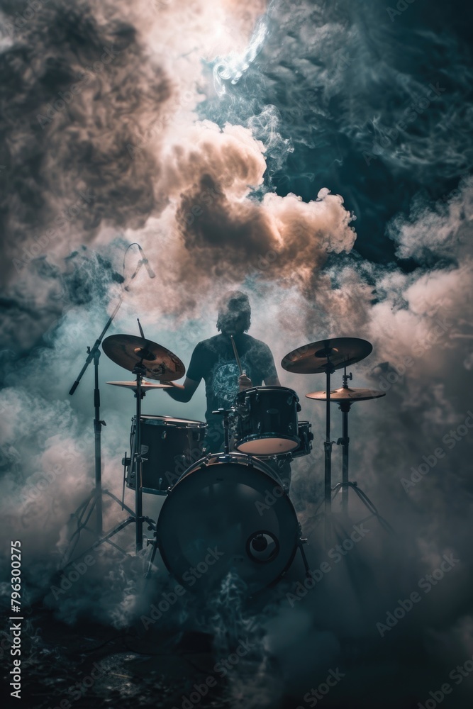 Poster a man playing drums surrounded by smoke. suitable for music or performance concepts