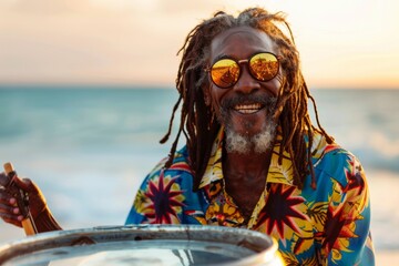 A cheerful man with dreadlocks is sitting on a beach playing a steel drum with the sunset in the...