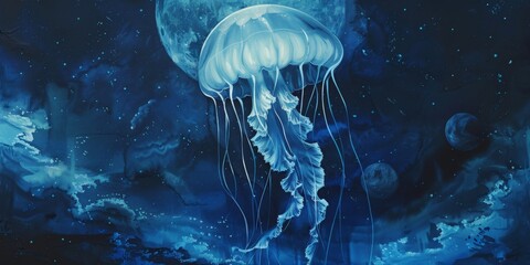 Jellyfish is an animal that has neither a brain nor a heart. The upper body of the jellyfish looks like an
 umbrella called "Medusa". Watercolor painting. Use for wallpaper, posters, postcards.