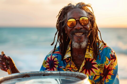 A cheerful man with dreadlocks is sitting on a beach playing a steel drum with the sunset in the background