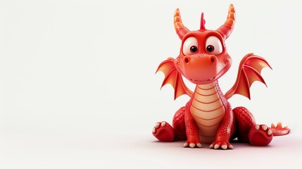 Cute and friendly red dragon sitting on a white background. The dragon has big eyes, a small nose, and a long tail. It is smiling and looks happy.