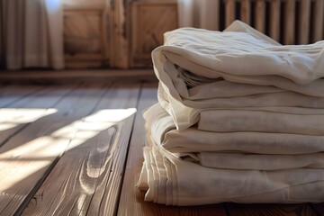 Neatly stacked linens on hardwood floor in a wooden room. Concept Home Decor, Interior Design, Rustic Style, Organized Living, Cozy Ambiance