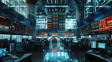 A financial trading floor with AGI systems managing investments, - obrazy, fototapety, plakaty