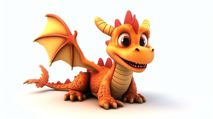 Cute 3D rendering of a baby dragon. The dragon is orange and has big eyes. It is sitting on a white background and looking at the camera.