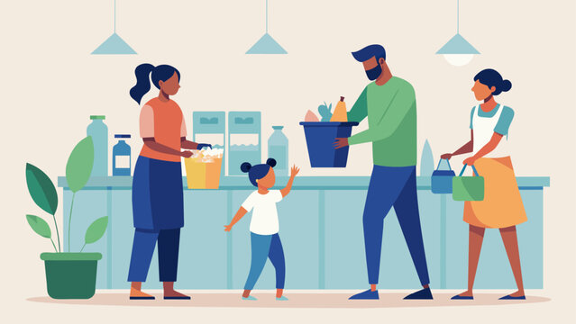 A cartoon illustration of a family at the grocery store with the parents teaching their children to choose products with minimal packaging and