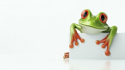 A cute green frog is sitting on a blank sign. The frog has big red eyes and a friendly smile. It is looking up at the viewer.
