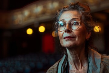 Obraz premium A senior woman's face lights up with curiosity, captured under the dramatic light of a classic theater setting