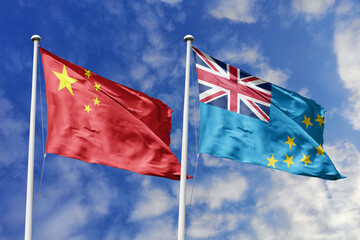 3d illustration. China and Tuvalu Flag waving in sky. High detailed waving flag. 3D render. Waving...