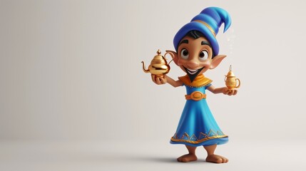 3D rendering of a cute cartoon genie. The genie is wearing a blue outfit and a blue hat.