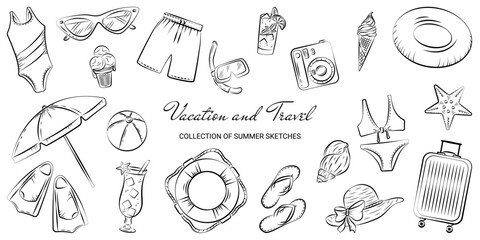 Set of hand-drawn summer elements in doodle style. Sketches on the theme of travel, summer holidays and vacations. Linear elements on a white background and without.Vector templates of sea and beach.