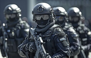 Fototapeta premium A SWAT team of police officers captured in an official photo.