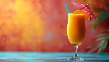 Tropical exotic cocktail with umbrella in rays of sun, fresh summer cold alcohol drinks orange colors. Holiday,vacation travel concept. Refreshing