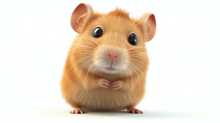 A cute and cuddly hamster is sitting on a white background. The hamster is looking at the camera with its big, round eyes.