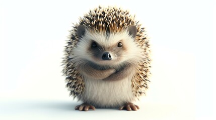 A cute and cuddly hedgehog is standing on a white background. The hedgehog is looking at the camera with a curious expression.