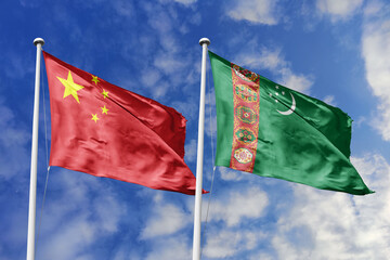 3d illustration. China and Turkmenistan Flag waving in sky. High detailed waving flag. 3D render....