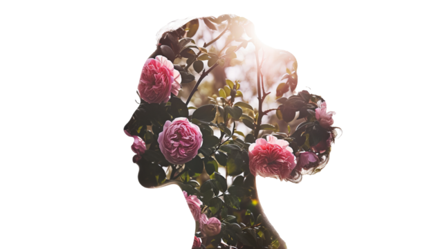 silhouette profile of woman double exposure with blooming flowers. png object isolated on transparent background, mockup, design, template, layout, sticker