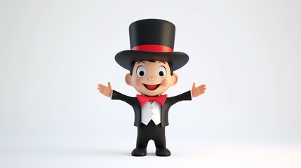 3D rendering of a cute magician wearing a top hat and tuxedo, with a surprised expression on his face.