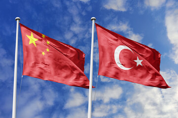 3d illustration. China and Turkey Flag waving in sky. High detailed waving flag. 3D render. Waving...