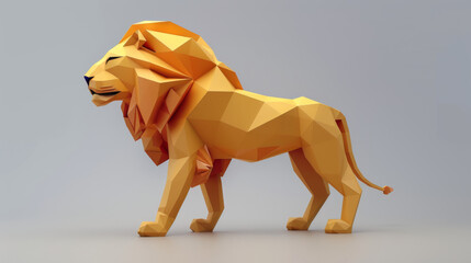 A full-body representation of a lion designed with low poly geometric shapes, set against a neutral background for a modern artistic effect.