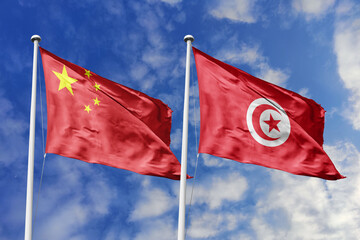 3d illustration. China and Tunisia Flag waving in sky. High detailed waving flag. 3D render. Waving...