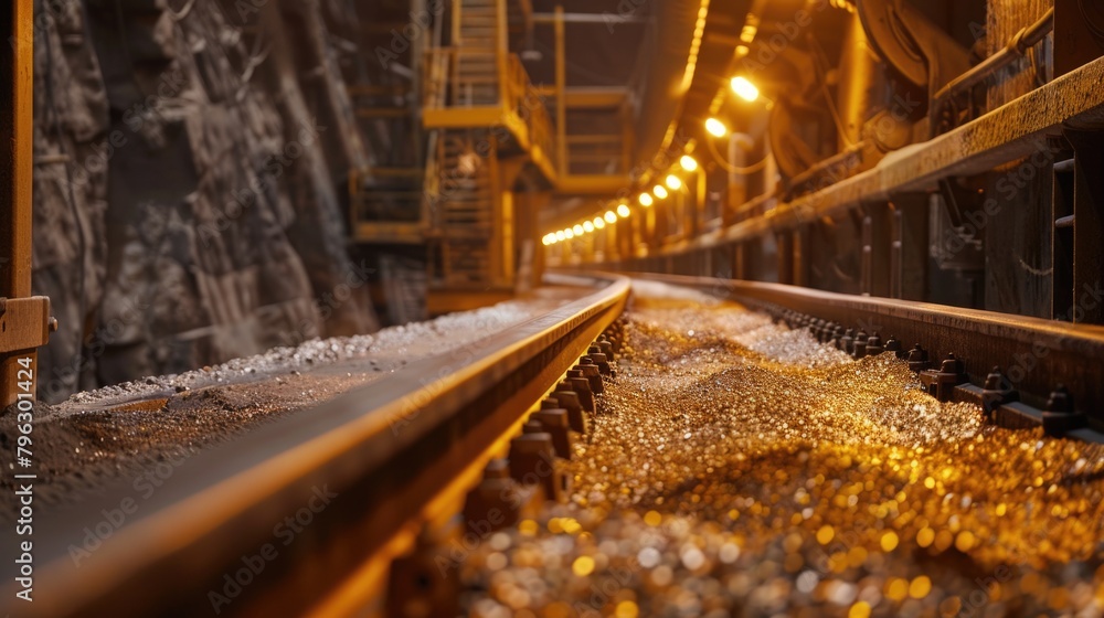 Poster A train track with a row of lights shining on it. Suitable for transportation themes