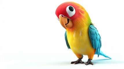 A cute and colorful parrot with bright feathers. It has a red head, a yellow body, and blue wings.