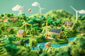 A model of a small town with wind turbines, ideal for energy and sustainability concepts - obrazy, fototapety, plakaty