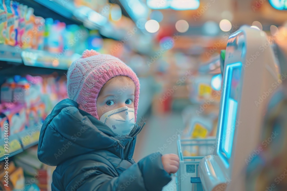 Poster a small child wearing a face mask in a store. suitable for health and safety concepts