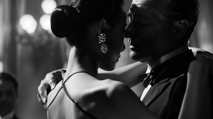 couple passionately dancing tango, close-up, black and white photo.
