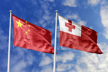 3d illustration. China and Tonga Flag waving in sky. High detailed waving flag. 3D render. Waving...
