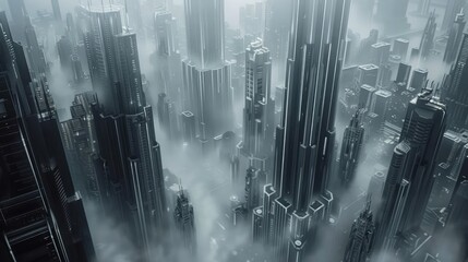A futuristic arcology in a dense urban environment, towering above the city with its sleek and...