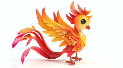 A cute and colorful phoenix bird with big eyes and a long tail. It is standing on a white background and looking at the viewer.