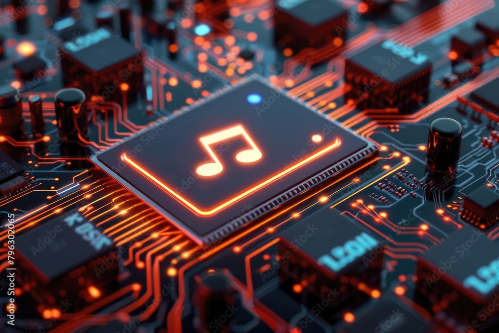 Aufkleber a detailed view of a circuit board covered in music notes. perfect for technology or music related p