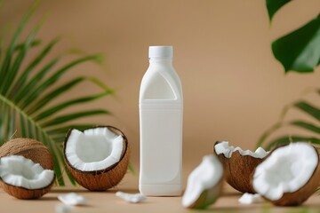 Fototapeta na wymiar Minimalist Milk Bottle Surrounded by Coconut Elements on Nature Background