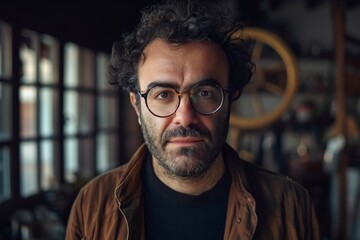 Obraz premium Middle-aged man with round spectacles exhibits a contemplative expression in a cozy setting