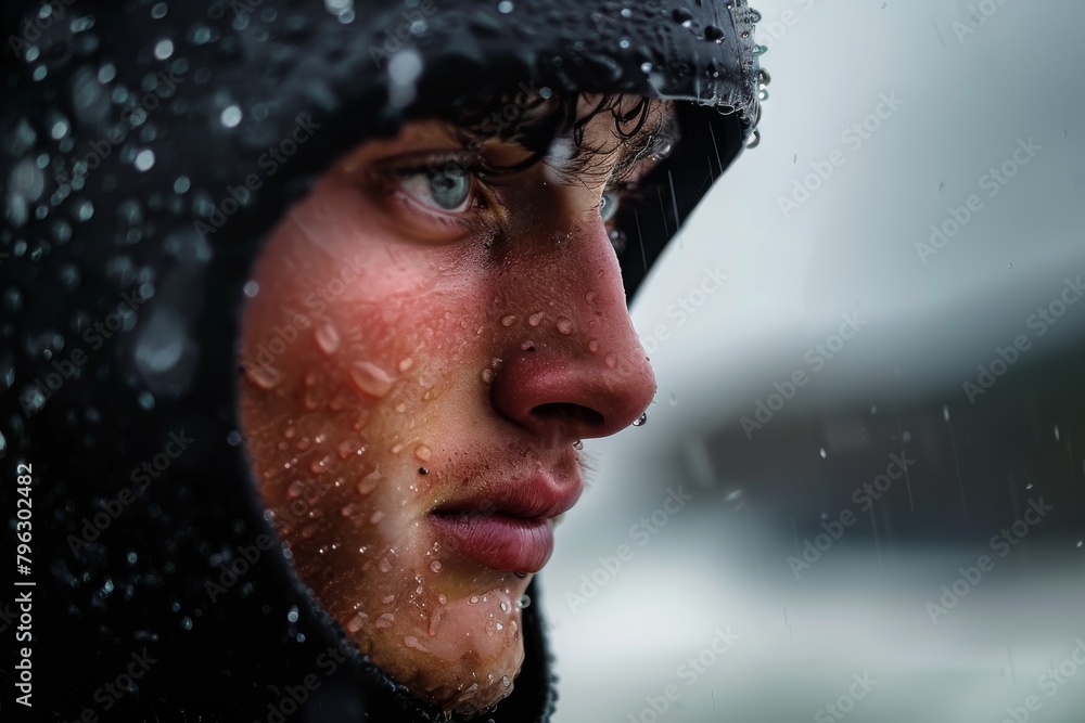Poster detailed image of raindrops on a glass surface with a blurred background, focusing on the textures a