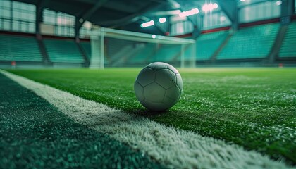 ball on the green field in soccer stadium. ready for game. penalty.