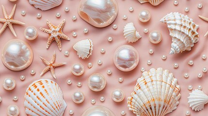 beautiful background of pearls and shells, light pink and beige aesthetic, flat lay,